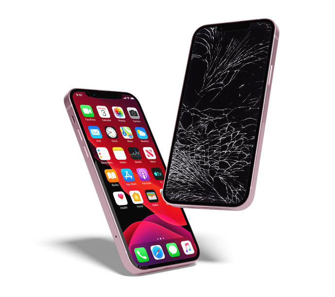 Grafik mit zwei beschädigten Handys, Darstellung für Smartphone-Reparaturen bei Handy Hero