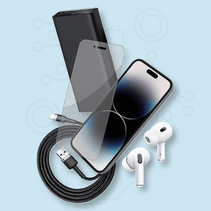 Symbolbild für Smartphone-Zubehör – mit Handy, Ladekabel und AirPods-Case auf blauem Hintergrund